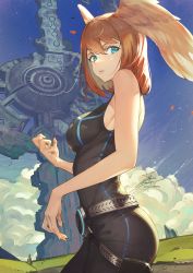 Rule 34 | 1girl, belt, black bodysuit, blue eyes, blue sky, bodysuit, breasts, brown wings, cloud, day, eunie (xenoblade), fadingz, from side, hair between eyes, head wings, highres, lips, long hair, looking at viewer, medium breasts, outdoors, parted lips, pixiv id, sideways glance, signature, sky, sleeveless, solo, wings, xenoblade chronicles (series), xenoblade chronicles 3