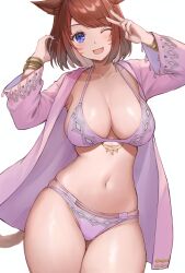 Rule 34 | 1girl, absurdres, animal ears, asymmetrical bangs, bikini, blue eyes, blush, breasts, brown hair, cat ears, cat girl, cat tail, chinese commentary, cleavage, collarbone, commentary, commission, cowboy shot, english commentary, facial mark, final fantasy, final fantasy xiv, hand in own hair, highres, jacket, large breasts, looking at viewer, miqo&#039;te, mixed-language commentary, multiple bracelets, navel, one eye closed, open clothes, open jacket, open mouth, purple bikini, purple jacket, short hair, sidelocks, simple background, skeb commission, skindentation, solo, swept bangs, swimsuit, tail, thighs, torisanff14, v, warrior of light (ff14), whisker markings, white background