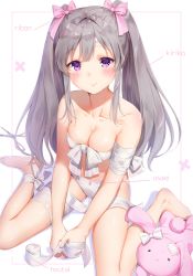 Rule 34 | 1girl, animal print, bandages, bandaid, bandaid on face, bandaid on forehead, bare shoulders, barefoot, blush, bow, breasts, character name, cleavage, closed mouth, collarbone, commentary request, fingernails, front-tie top, full body, grey hair, hair bow, highres, idolmaster, idolmaster shiny colors, kinako (shiratama mochi), long fingernails, long hair, looking at viewer, medium breasts, panties, pink bow, purple eyes, rabbit print, sidelocks, sitting, smile, solo, stuffed animal, stuffed rabbit, stuffed toy, toes, twintails, underwear, v arms, wariza, white panties, yukoku kiriko