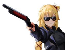 Rule 34 | 1girl, absurdres, akai haato, blonde hair, commentary request, cosplay, gun, hair ribbon, highres, holding, holding gun, holding weapon, hololive, long hair, nail, parody, ribbon, scene reference, shotgun, simple background, solo, sunglasses, t-800, t-800 (cosplay), terminator (series), tinted eyewear, virtual youtuber, weapon, white background, yato (yama0x1)