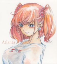 Rule 34 | 1girl, alternate costume, atlanta (kancolle), breasts, dodomori, earrings, english text, eyelashes, grey eyes, highres, jewelry, kantai collection, large breasts, looking at viewer, red hair, red scrunchie, scrunchie, shirt, smile, solo, star (symbol), star earrings, t-shirt, two side up, white background