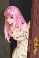 Rule 34 | 1girl, absurdres, bare shoulders, blue eyes, breasts, brooch, cleavage, commentary, door, dress, english commentary, highres, jewelry, long hair, looking at viewer, necklace, off-shoulder dress, off shoulder, ori dal, original, pink hair, pink lips, solo, upper body, very long hair, white dress