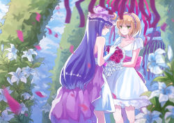 Rule 34 | 2girls, alice margatroid, alternate costume, blonde hair, blue sky, blurry, bouquet, bow, bride, collarbone, crescent, day, depth of field, dress, elbow gloves, closed eyes, flower, gloves, green eyes, hairband, hat, hat ribbon, li luo, lily (flower), lolita hairband, long hair, looking at another, mob cap, multiple girls, patchouli knowledge, purple hair, red flower, red rose, ribbon, rose, sash, short hair, sky, smile, strapless, strapless dress, streamers, touhou, tree, very long hair, wedding dress, wife and wife, yuri