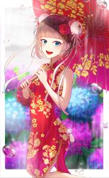 Rule 34 | 1girl, :d, animal crossing, blue eyes, blunt bangs, blurry, blurry background, breasts, brown hair, bun cover, butterfly hair ornament, cherry59599, china dress, chinese clothes, double bun, dress, floral print, flower, hair bun, hair flower, hair ornament, highres, hydrangea, nintendo, oil-paper umbrella, open mouth, pekoe (animal crossing), personification, rain, short hair, small breasts, smile, standing, umbrella