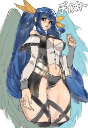 Rule 34 | 1girl, absurdres, angel wings, asymmetrical wings, belt, black panties, black thighhighs, blue hair, blush, breasts, buttons, character name, choker, cleavage, collarbone, detached sleeves, dizzy (guilty gear), guilty gear, guilty gear xrd, hair ribbon, hair rings, highres, knees up, long hair, looking at viewer, looking to the side, midriff, monster girl, navel, open mouth, panties, pout, red eyes, ribbon, simple background, sketch, solo, thick thighs, thigh strap, thighhighs, thighs, twintails, underwear, unizama, white background, wings, yellow ribbon