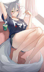 Rule 34 | 1girl, absurdres, animal ears, barefoot, black shirt, black shorts, blouse, blue eyes, blush, commentary request, curtains, dolphin shorts, eating, feet, food, fox ears, fox girl, fox tail, grey hair, heterochromia, highres, holding, holding food, indoors, kemomimi refle!, knees up, looking at viewer, lying, multicolored hair, on back, on bed, pallad, pocky, red hair, ronomiya hinagiku, shirt, short shorts, short sleeves, shorts, solo, streaked hair, t-shirt, tail, thighs, two-tone hair, virtual youtuber, window, yellow eyes