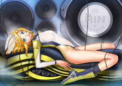 Rule 34 | 1girl, alternate costume, black legwear, blonde hair, blue eyes, boots, bow, brazen, cable, colored eyelashes, hair bow, hair ornament, hairclip, highres, kagamine rin, leotard, lips, looking at viewer, lying, mouth hold, nail polish, on back, short hair, solo, speaker, vocaloid