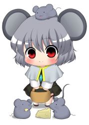 Rule 34 | 1girl, animal ears, bad id, bad pixiv id, basket, cheese, chibi, female focus, food, full body, grey hair, jewelry, kyokutou hentai samurai, mouse (animal), mouse ears, mouse tail, nazrin, pendant, red eyes, short hair, solo, standing, tail, touhou, white background