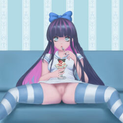 Rule 34 | blue eyes, breasts, censored, colored inner hair, eyelashes, feet out of frame, groin, highres, holding, holding spoon, indoors, mosaic censoring, multicolored hair, open mouth, panty &amp; stocking with garterbelt, parfait, parted lips, purple hair, pussy, shirt, short sleeves, sitting, small breasts, spoon, spread legs, stocking (psg), storm92, striped clothes, striped thighhighs, thighhighs, thighs, two-tone hair, white shirt