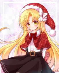 Rule 34 | 1girl, belt, black belt, black skirt, blonde hair, blush, bow, bowtie, capelet, center frills, closed mouth, commentary request, frills, fur-trimmed capelet, fur trim, hat, highres, kurumi (touhou), long hair, long shirt, plaid capelet, pom pom (clothes), red bow, red bowtie, red capelet, santa hat, shirt, skirt, smile, suspender skirt, suspenders, touhou, touhou (pc-98), very long hair, white bow, white shirt, yellow eyes, yurufuwa milk