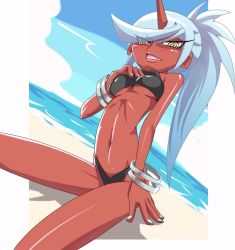 Rule 34 | 10s, blush, breasts, cleavage, colored skin, demon girl, horns, kneesocks (psg), panty &amp; stocking with garterbelt, red skin, single horn, swimsuit