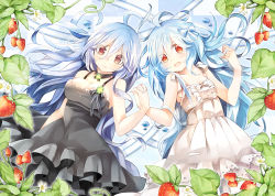 Rule 34 | 2girls, :d, bad id, bad pixiv id, bare arms, bare shoulders, black dress, blue hair, breasts, brown eyes, dress, eyes visible through hair, food, fruit, hair between eyes, holding hands, large breasts, looking at viewer, lying, multiple girls, on back, open mouth, original, red eyes, ringpearl, serious, small breasts, smile, strawberry, white dress