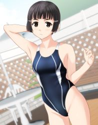 Rule 34 | 1girl, absurdres, alternate costume, armpits, brown eyes, brown hair, chair, closed mouth, coffee table, competition swimsuit, groin, hair ornament, hairclip, highres, kantai collection, looking at viewer, myoukou (kancolle), one-piece swimsuit, solo, swimsuit, table, takafumi, thighs