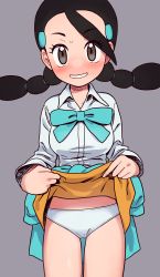 Rule 34 | 1girl, absurdres, black hair, blouse, blue sweater, blush, breasts, brown eyes, brown skirt, candice (pokemon), clothes around waist, collared shirt, commentary, cowboy shot, creatures (company), eyelashes, game freak, grey background, grin, hair ornament, hairclip, highres, lifted by self, long hair, miniskirt, multi-tied hair, nintendo, panties, pokemon, pokemon dppt, shirt, shizuka no uni, skirt, smile, solo, sweatdrop, sweater, sweater around waist, twintails, underwear, white panties, white shirt