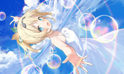 Rule 34 | 1girl, :d, bare arms, bare shoulders, blonde hair, blue eyes, blue sky, blush, bubble, cloud, day, dress, dutch angle, hair ribbon, hana mori, highres, hololive, kazama iroha, looking at viewer, looking to the side, open mouth, outstretched arms, ponytail, ribbon, short hair, sky, smile, solo, sundress, virtual youtuber, white dress