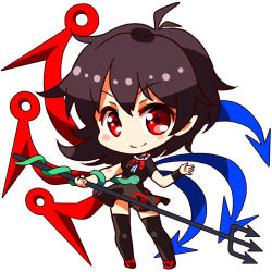 Rule 34 | 1girl, asymmetrical hair, asymmetrical wings, black dress, black hair, black thighhighs, blue wings, blush stickers, bow, chibi, dress, footwear bow, full body, holding, holding weapon, houjuu nue, looking at viewer, lowres, polearm, red bow, red eyes, red footwear, red wings, renren (ah renren), shoes, short dress, smile, snake, solo, thighhighs, touhou, trident, weapon, white background, wings, wristband, zettai ryouiki