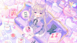 Rule 34 | 1girl, :d, animal ears, black bow, black footwear, black ribbon, blush, bow, braid, cat ears, cat girl, cat tail, cup, fang, food, fork, grey skirt, hair ornament, holding, holding fork, holding plate, ikari (aor3507), indie virtual youtuber, light brown hair, long hair, long sleeves, looking at viewer, minaneko mai, neck ribbon, open mouth, pill, plate, pleated skirt, purple eyes, red bow, ribbon, sitting, skin fang, skirt, smile, socks, solo, tail, teacup, teapot, thighhighs, virtual youtuber, white socks