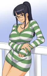 Rule 34 | 1girl, black hair, breasts, dress, dyun, glasses, green sweater, grey eyes, high ponytail, highres, jewelry, large breasts, long sleeves, necklace, nico robin, on railing, one piece, parted lips, railing, short dress, solo, striped clothes, striped sweater, sweater, sweater dress