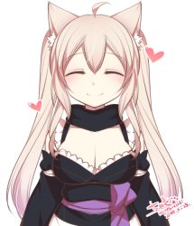 Rule 34 | 1girl, ahoge, animal ears, black scarf, blush, breasts, cleavage, closed eyes, closed mouth, commentary request, dated, detached sleeves, facing viewer, fox ears, heart, konshin, large breasts, original, sash, scarf, signature, simple background, smile, solo, twintails, upper body, white background