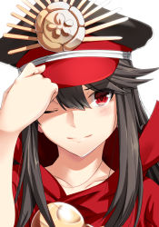 Rule 34 | 1girl, ;), adjusting clothes, adjusting headwear, black hair, blush, cape, closed mouth, collarbone, crest, family crest, fate (series), hat, koha-ace, long hair, looking at viewer, oda nobunaga (fate), oda nobunaga (koha-ace), oda uri, one eye closed, peaked cap, portrait, red eyes, shiseki hirame, sidelocks, smile, solo, swept bangs