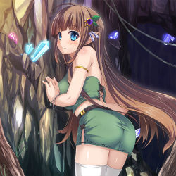 Rule 34 | 1girl, ass, blue eyes, blush, bracelet, breasts, brown hair, cowboy shot, crystal, flower, hair flower, hair ornament, himedatsu! dungeons lord, jewelry, kazumasa, kidatsu! dungeons lord, large breasts, long hair, looking at viewer, looking back, lots of jewelry, midriff, official art, original, pointy ears, skirt, sleeveless, solo, thighhighs, very long hair, white thighhighs