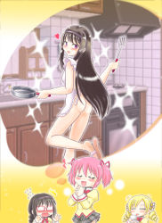 Rule 34 | 10s, 3girls, absurdres, akemi homura, apron, ass, black hair, blonde hair, blush, braid, closed eyes, cup, drill hair, female pervert, frying pan, glasses, hair ribbon, hairband, heart, highres, hoshikawa tsukimi, imagining, kaname madoka, kitchen, long hair, mahou shoujo madoka magica, mahou shoujo madoka magica (anime), multiple girls, naked apron, open mouth, outstretched arms, own hands clasped, own hands together, pervert, pink hair, purple eyes, revision, ribbon, saucer, school uniform, shirt, skirt, slippers, smile, sparkle, spatula, spoilers, surprised, sweat, tomoe mami, twin braids, twin drills, twintails, wavy mouth, yuri