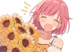 Rule 34 | 1girl, armpits, detached sleeves, dress, flower, happy, highres, holding, holding flower, off-shoulder dress, off shoulder, ootori emu, open mouth, pink hair, project sekai, short hair, signature, simple background, smile, solo, sunflower, white background, zu tonatuyasumi