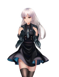 Rule 34 | 1girl, absurdres, azur lane, bad id, bad pixiv id, black dress, black thighhighs, blazer, collared shirt, cowboy shot, dress, female commander (azur lane), hands up, highres, jacket, long hair, looking at viewer, necktie, original, shirt, silver hair, simple background, solo, standing, swept bangs, tagme, thighhighs, white background, yellow eyes, zhadanzhawugui