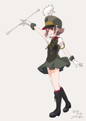 Rule 34 | 1girl, 2016, artist name, band uniform, baton, boots, brown eyes, brown hair, cross-laced footwear, dated, flipped hair, full body, gloves, green footwear, grey background, hat, high heels, highres, knee boots, kokudou juunigou, lace-up boots, marching band baton, puffy short sleeves, puffy sleeves, shako cap, short hair, short sleeves, signature, simple background, smile, solo, standing, wanda (wonder festival), white gloves, wonder festival, wonder festival mascots
