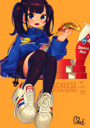 Rule 34 | 1girl, absurdres, adidas, black hair, black shorts, black thighhighs, blue eyes, blue jacket, blush stickers, character request, domino&#039;s pizza, employee uniform, food, full body, highres, holding, holding food, huge filesize, invisible chair, jacket, long hair, looking at viewer, moai (more e 4km), mole, mole under eye, open mouth, original, over-kneehighs, pizza, shoes, shorts, sitting, sneakers, solo, teeth, thighhighs, twintails, uniform, upper teeth only, white footwear