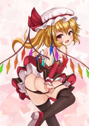 Rule 34 | 1girl, ass, backless dress, backless outfit, bare shoulders, black panties, black thighhighs, blonde hair, butt crack, detached sleeves, dress, fang, flandre scarlet, from behind, hat, hat ribbon, highres, leg up, long hair, looking at viewer, mob cap, nail polish, open mouth, panties, panty pull, pink background, red dress, red eyes, red footwear, red nails, red ribbon, ribbon, shoes, short dress, smile, solo, thighhighs, touhou, underwear, wings, yangshangshu
