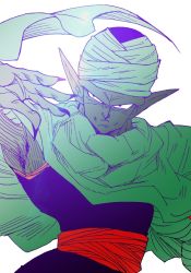 Rule 34 | 1boy, bad id, bad pixiv id, black eyes, cape, dragon ball, dragonball z, dutch angle, expressionless, fingernails, hand up, long fingernails, looking away, male focus, piccolo, pointy ears, serious, simple background, solo, tetsuyo, turban, upper body, white background