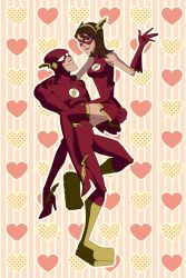 Rule 34 | 1boy, 1girl, absurdres, barry allen, brown eyes, brown hair, carrying, cosplay, couple, dc comics, dress, flash (series), gloves, high heels, highres, iris west, long hair, mask, spandex, the flash, the flash (cosplay), vitamins si, wink