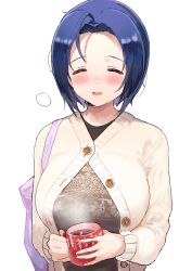 Rule 34 | 1girl, :d, = =, absurdres, ahoge, bag, blue hair, blush, breasts, coffee mug, cup, dark blue hair, forehead, highres, hitodama (madatohi), holding, holding cup, idolmaster, idolmaster (classic), idolmaster million live!, jacket, large breasts, miura azusa, mug, open mouth, partially unbuttoned, print shirt, shirt, short hair, simple background, smile, solo, steam, sweater jacket, tote bag, upper body, white background