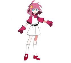 Rule 34 | 1girl, ahoge, belt, belt buckle, black belt, blue eyes, buckle, chinese commentary, collared shirt, commentary request, dress, full body, gloves, hair between eyes, hair ornament, highres, humanization, kirby, kirby (series), kneehighs, looking at viewer, mary janes, medium hair, nintendo, open mouth, outstretched arm, pink gloves, pink hair, pink shirt, pink sleeves, red footwear, shirt, shoes, short dress, short sleeves, simple background, sleeveless, sleeveless shirt, smile, socks, solo, star (symbol), star hair ornament, tiankong yiji, white background, white dress, white socks