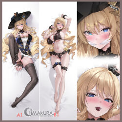 Rule 34 | 1girl, arm up, armpits, arms behind back, bare shoulders, bed sheet, black blindfold, black hat, black panties, black thighhighs, blindfold, blonde hair, blue eyes, bound, bound wrists, breasts, commentary request, dakimakura (medium), detached collar, drill hair, full body, gag, genshin impact, hat, improvised gag, kanakokurusu, large breasts, leg lift, long hair, looking at viewer, lying, multiple views, navia (genshin impact), on back, panties, restrained, sidelocks, spread legs, thighhighs, underwear, variant set, very long hair