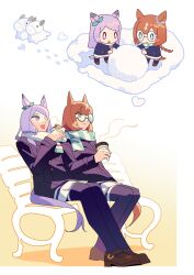 Rule 34 | 0 0, 2girls, absurdres, bench, blush, blush stickers, bow, brown footwear, buttons, chibi, closed mouth, coat, cup, disposable cup, double-breasted, ear bow, glasses, gocic, highres, holding, holding cup, ikuno dictus (umamusume), long hair, long sleeves, mejiro mcqueen (umamusume), multiple girls, multiple views, open mouth, orange hair, purple coat, purple hair, purple thighhighs, round eyewear, scarf, school uniform, shoes, sitting, smile, snow sculpture, snowball, thighhighs, tracen school uniform, umamusume