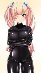 Rule 34 | 1girl, black bodysuit, blonde hair, blue eyes, blush, bodysuit, breasts, closed mouth, crossed arms, earrings, heart, heart earrings, highres, ibusuki, impossible clothes, jewelry, large breasts, latex, latex bodysuit, long hair, looking at viewer, one eye closed, original, pout, pouty lips, skin tight, solo, twintails, wavy hair, zipper, zipper pull tab