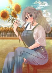 Rule 34 | 1girl, absurdres, alternate hairstyle, bench, blue sky, brown eyes, cloud, day, feet out of frame, flower, grey hair, hair between eyes, highres, kantai collection, mizunototori, outdoors, overalls, pola (kancolle), ponytail, shirt, sky, solo, sunflower, thick eyebrows, wavy hair, white shirt