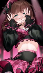 Rule 34 | 1girl, :o, black gloves, brown hair, choker, commentary, cropped shirt, fingerless gloves, gloves, green eyes, heart, heart-shaped pupils, heart hands, heart o-ring, highres, idolmaster, idolmaster cinderella girls, koyo akio, light particles, long sleeves, looking at viewer, midriff, o-ring, o-ring choker, pink shirt, pink skirt, plaid, plaid headwear, plaid skirt, puffy long sleeves, puffy sleeves, sakuma mayu, shirt, skirt, solo, stage lights, symbol-shaped pupils