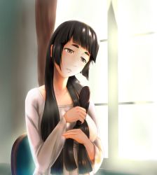 Rule 34 | 1girl, alternate hairstyle, black hair, breasts, brown eyes, brushing hair, brushing own hair, chair, commentary request, curtains, dress, graphite (medium), hair brush, hair down, head tilt, highres, kantai collection, kauchoro (namikazemakase), large breasts, long hair, myoukou (kancolle), short eyebrows, sitting, solo, traditional media, window