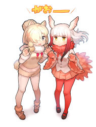 Rule 34 | 10s, 2girls, alpaca ears, alpaca suri (kemono friends), alpaca tail, animal ears, blonde hair, blue eyes, blunt bangs, claw pose, commentary request, full body, fur trim, gao, gloves, hair over one eye, head wings, highres, japanese crested ibis (kemono friends), kemono friends, kinakotatu, long hair, long sleeves, looking at viewer, mary janes, multicolored hair, multiple girls, open mouth, pantyhose, pleated skirt, red legwear, shoes, short hair, sidelocks, skirt, standing, tail, translation request, two-tone hair, white hair, wings, yellow eyes