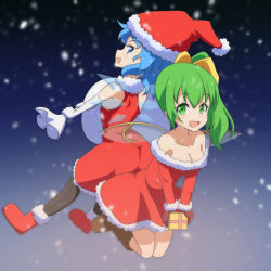 Rule 34 | &gt;:d, 2girls, :d, ass-to-ass, bag, bare shoulders, black legwear, blue eyes, blue hair, box, breasts, brown gloves, cato (monocatienus), cirno, cleavage, daiyousei, dress, elbow gloves, fairy wings, gift, gift box, gloves, green eyes, green hair, hair ribbon, hat, ice, ice wings, long sleeves, looking at viewer, multiple girls, open mouth, pantyhose, red dress, ribbon, santa costume, santa hat, side ponytail, sleeveless, sleeveless dress, smile, smug, snowing, touhou, v-shaped eyebrows, white legwear, wings