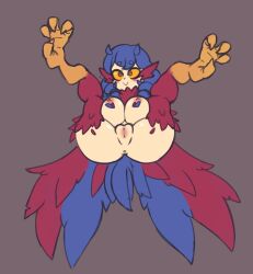 Rule 34 | 1girl, :&gt;, absurdres, anus, ass, bird legs, bird wings, blue feathers, blue hair, blush, breasts, brown eyes, cleft of venus, closed mouth, colored sclera, doce, feathered wings, feathers, female focus, full body, harpy, harpy (terraria), highres, large breasts, leg up, monster girl, neck ruff, nude, pussy, red feathers, simple background, smile, solo, spread legs, terraria, twintails, uncensored, winged arms, wings, yellow sclera