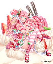 Rule 34 | 1girl, bad id, bad pixiv id, between breasts, bikini, bikini top only, blue eyes, blue hair, bow, breasts, dessert, finger to mouth, food, food-themed clothes, frills, fruit, hair bow, highres, hizuki akira, ice cream, in food, japanese clothes, large breasts, long hair, matching hair/eyes, mini person, minigirl, official art, open mouth, original, oversized object, person between breasts, pink hair, sengoku gensoukyoku, simple background, sitting, smile, solo, sparkle, spoon, strawberry, striped clothes, striped thighhighs, swimsuit, thighhighs, whipped cream, white background