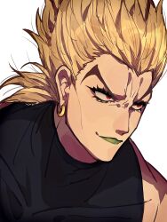 1boy absurdres blonde_hair dio_brando earrings green_lips highres jewelry jojo_no_kimyou_na_bouken male_focus portrait red_eyes siniy sleeveless sleeveless_turtleneck smile solo spiked_hair stardust_crusaders turtleneck