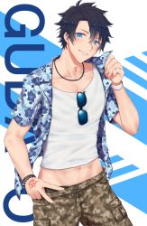Rule 34 | 1boy, absurdres, black hair, blue eyes, camouflage, camouflage shorts, character name, chumugi, command spell, cowboy shot, fate/grand order, fate (series), fujimaru ritsuka (male), fujimaru ritsuka (male) (tropical summer), groin, hawaiian shirt, head tilt, highres, jewelry, looking at viewer, male focus, midriff, navel, necklace, official alternate costume, open clothes, open shirt, shirt, shorts, smile, solo, sunglasses, tank top, tropical summer (fate), v, wristband