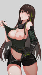 Rule 34 | 1girl, absurdres, black gloves, black shorts, blush, breasts, brown eyes, brown hair, cleavage, closed mouth, feet out of frame, girls&#039; frontline, gloves, green shirt, grey background, highres, long hair, looking at viewer, m4a1 (girls&#039; frontline), medium breasts, mo geng, multicolored hair, navel, nipples, open clothes, open shirt, open shorts, shirt, shorts, single glove, solo, standing