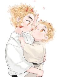 Rule 34 | 2boys, aged down, arm up, blonde hair, blowing, brothers, carrying, child, child carry, colored tips, falling petals, forked eyebrows, hakama, hand on another&#039;s back, hand on another&#039;s head, highres, japanese clothes, kimetsu no yaiba, kimono, long sleeves, looking at another, looking away, looking up, male focus, multicolored eyes, multicolored hair, multiple boys, ohagigaumai, petal on nose, petals, profile, puckered lips, red eyes, red hair, rengoku kyoujurou, rengoku senjurou, sash, short hair, siblings, simple background, streaked hair, white background, white kimono, yellow eyes