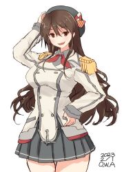 Rule 34 | 1girl, ashigara (kancolle), beret, breasts, brown eyes, brown hair, buttons, cosplay, dated, double-breasted, epaulettes, frilled sleeves, frills, gloves, grey skirt, hat, highres, jacket, kantai collection, kashima (kancolle), kashima (kancolle) (cosplay), large breasts, long hair, looking at viewer, military, military jacket, military uniform, miniskirt, neckerchief, owa (ishtail), pleated skirt, red neckerchief, signature, simple background, skirt, solo, uniform, wavy hair, white background, white gloves, white jacket
